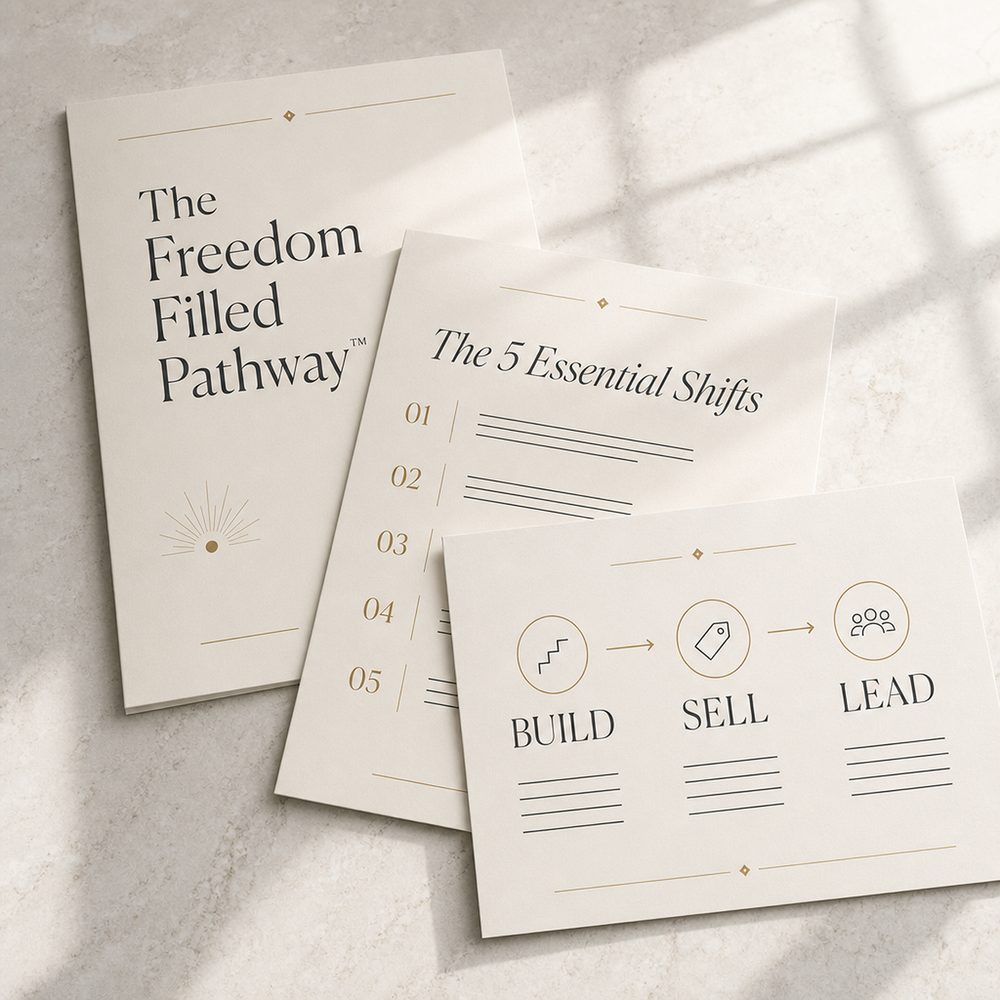 The Freedom Filled Pathway, three editorial cards fanned on a soft cream surface.