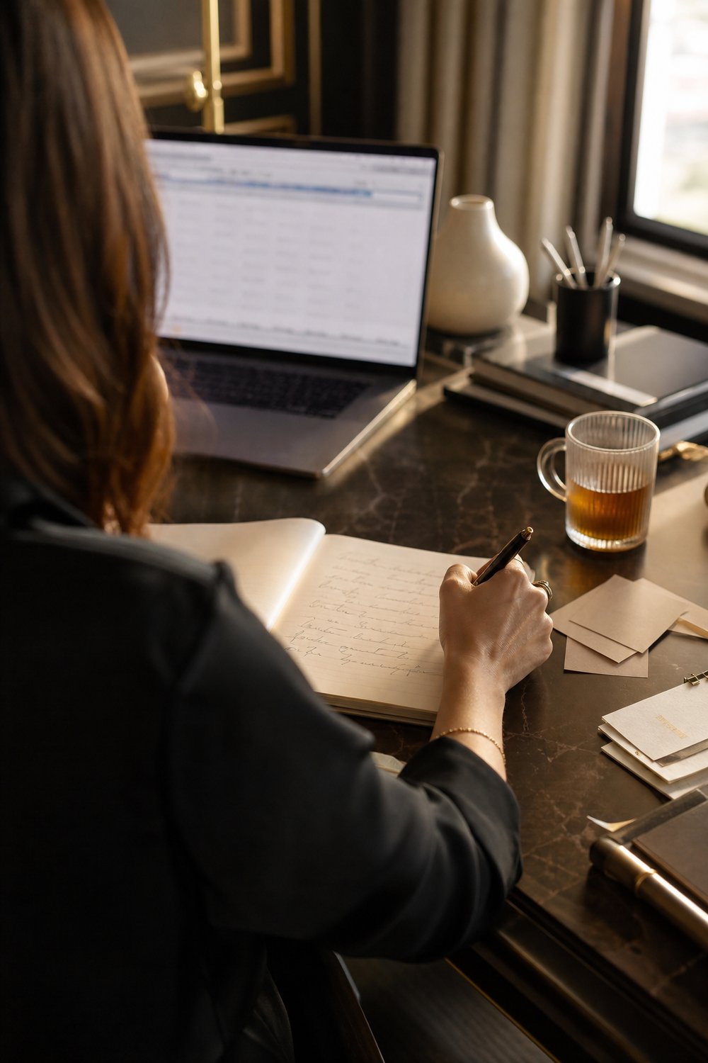 Over the shoulder of a woman writing in a journal at a wood desk, laptop open beside her, warm afternoon light.